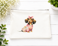 Beautiful zippered canvas case or pencil case featuring a design of a little dog with a bow on its head and a pink sweater