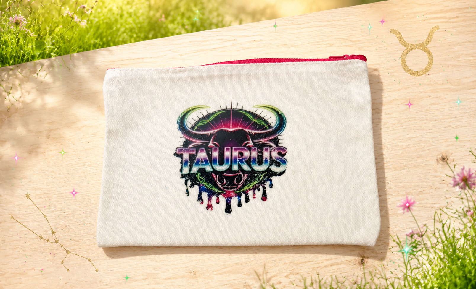 Canvas zippered pouch or pencil case (Taurus zodiac logo, pink zipper)